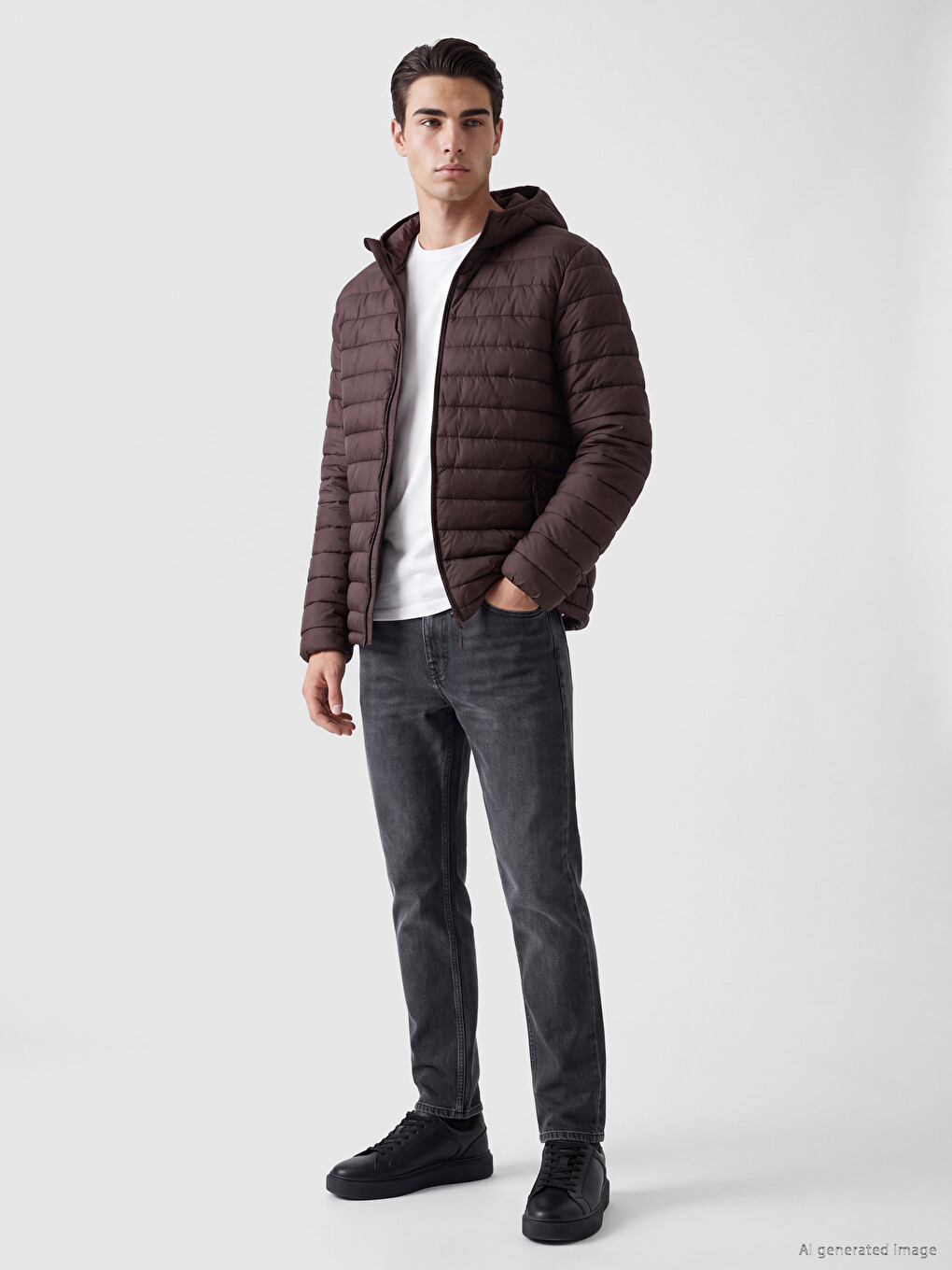 Kahverengi Regular Fit Kapüşonlu Erkek Şişme Mont-1