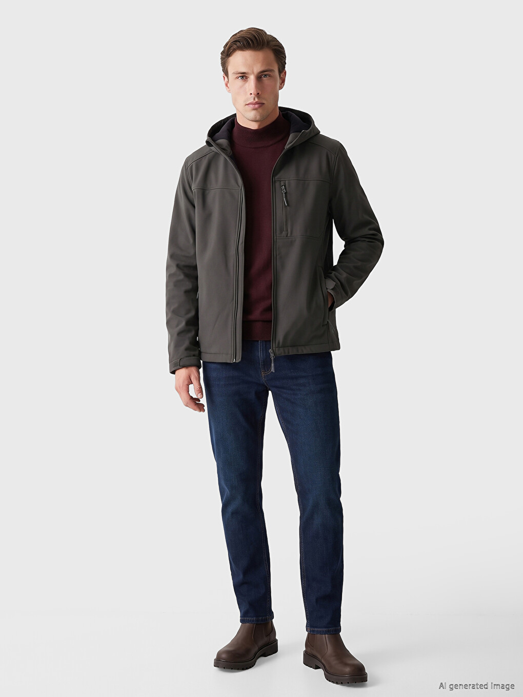Bej Regular Fit Kapüşonlu Erkek Ceket-1