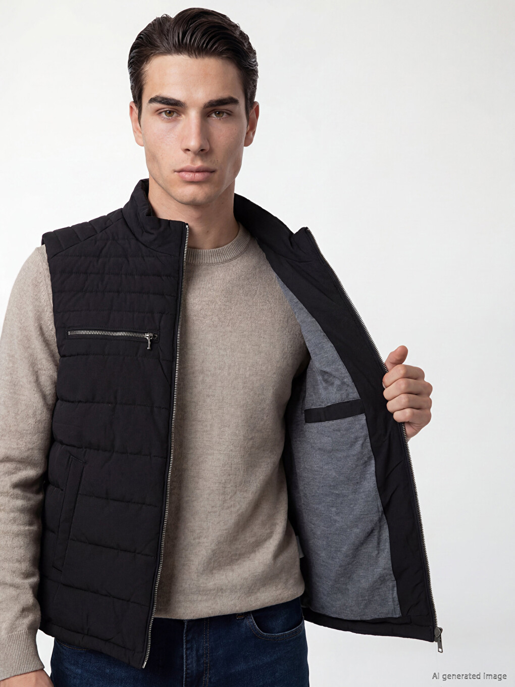 Siyah Regular Fit Dik Yaka Erkek Şişme Yelek-2
