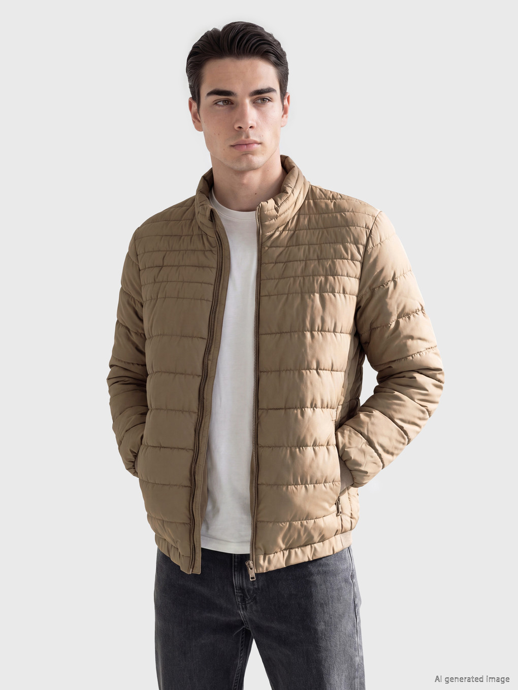 Kahverengi Regular Fit Dik Yaka Erkek Şişme Mont