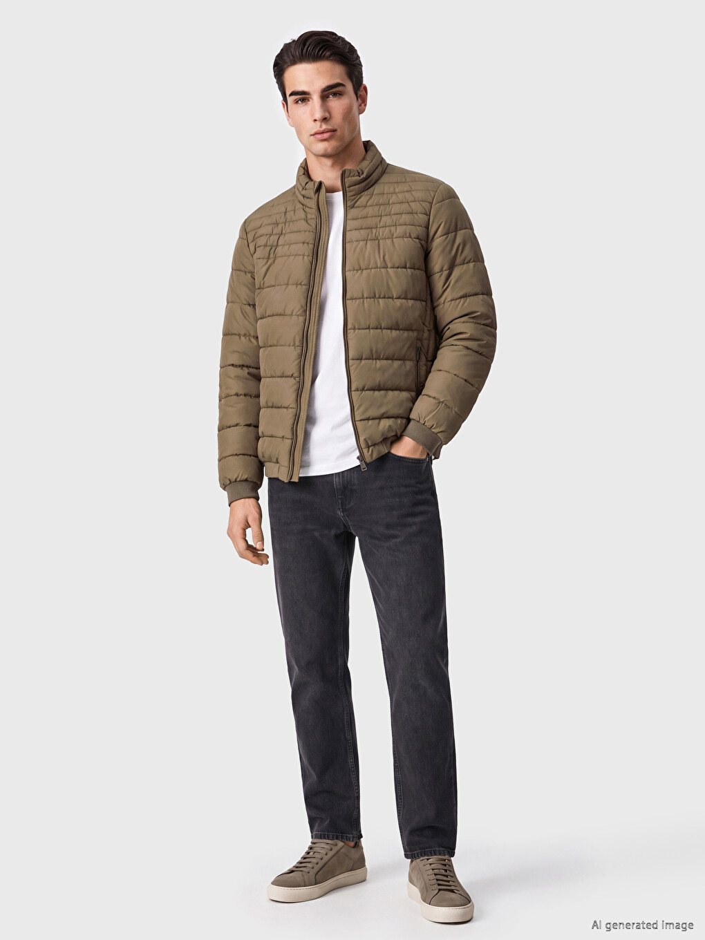 Kahverengi Regular Fit Dik Yaka Erkek Şişme Mont-1