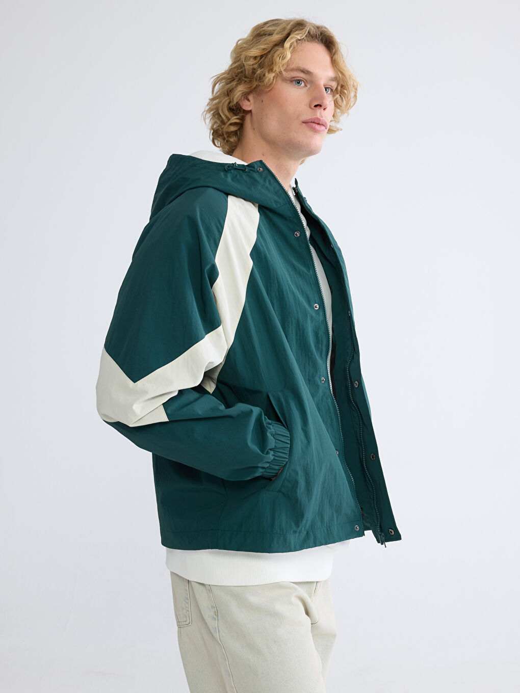 Yeşil Loose Fit Renk Bloklu Erkek Mont