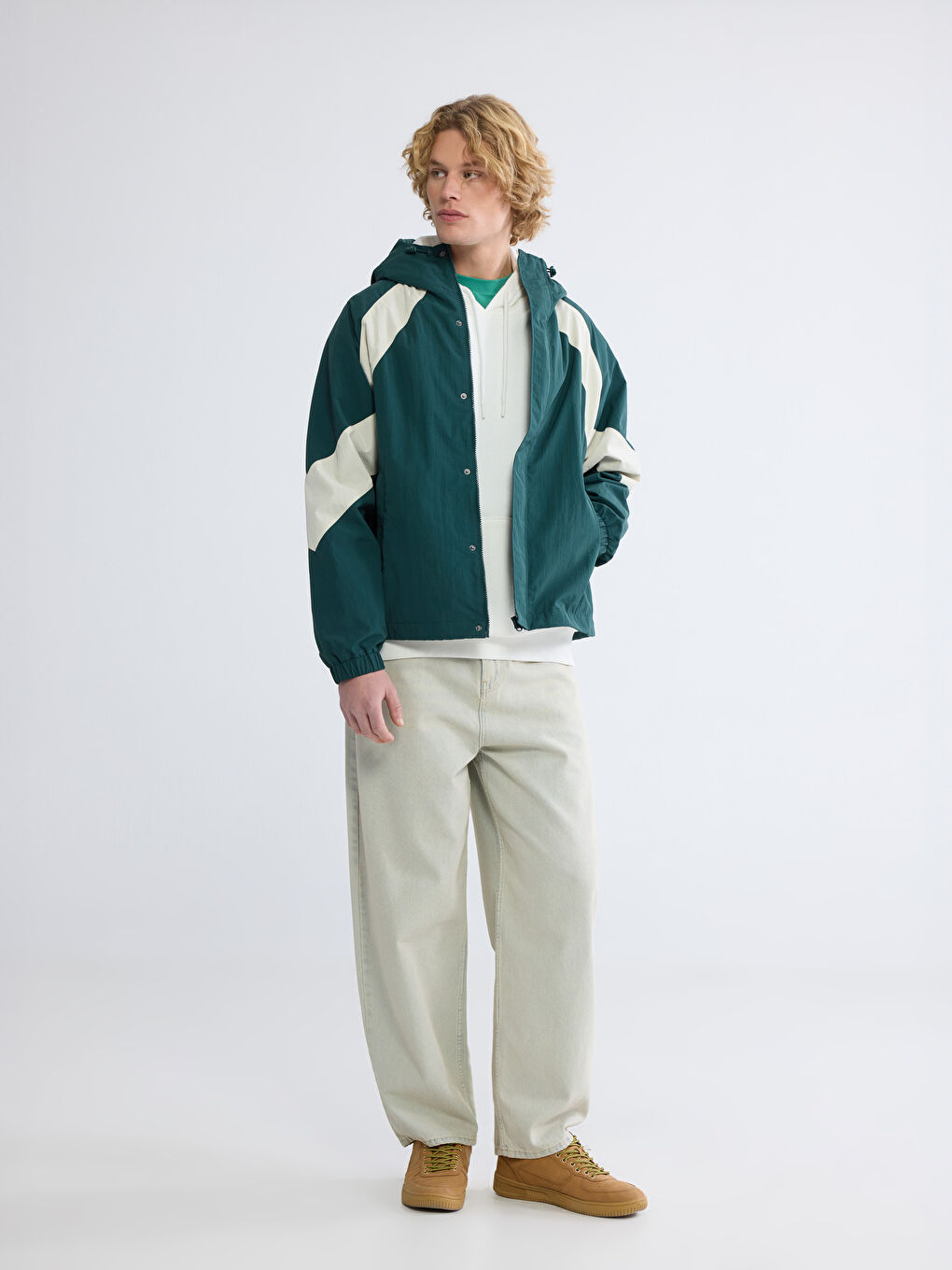 Yeşil Loose Fit Renk Bloklu Erkek Mont-1