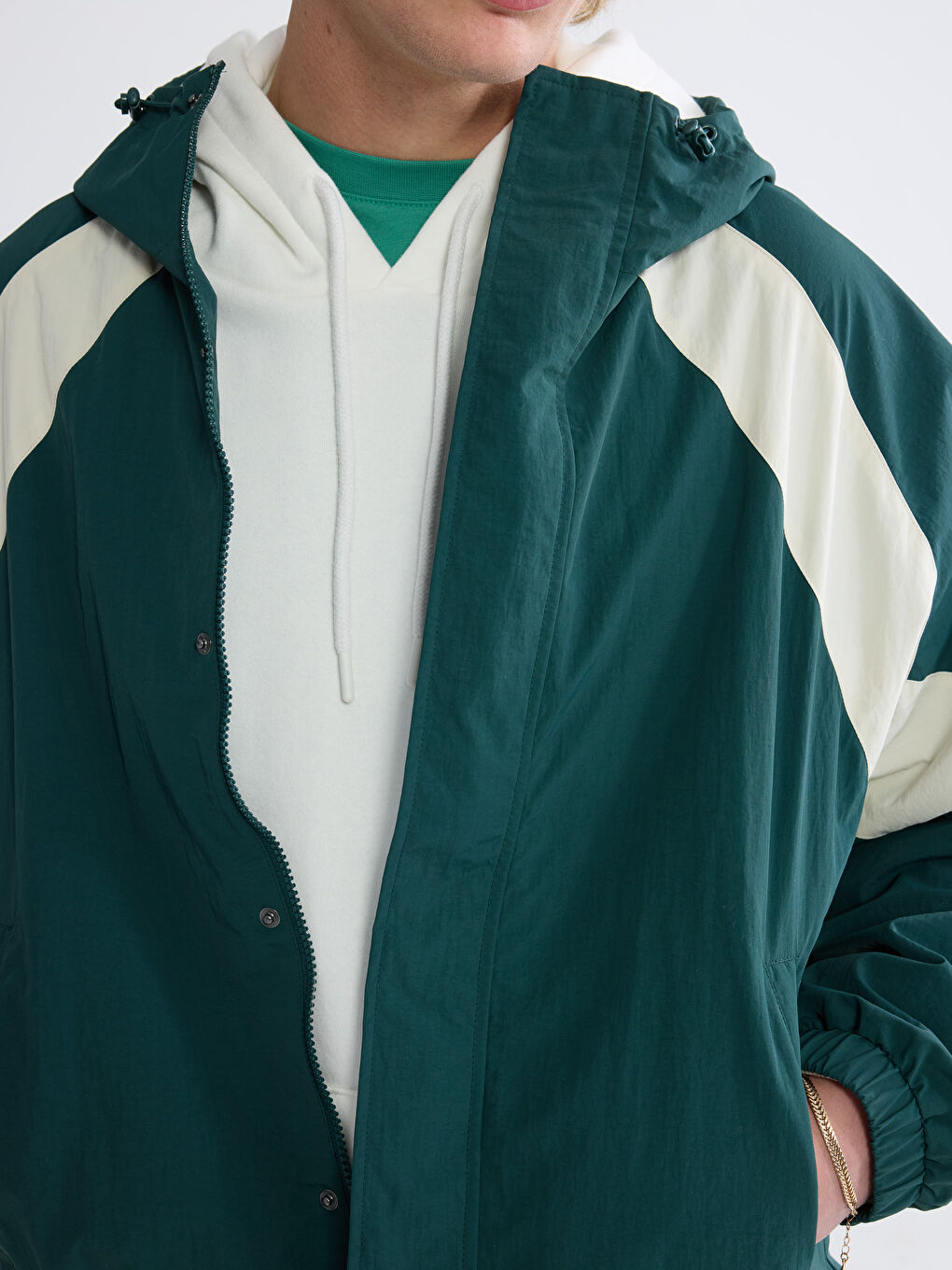 Yeşil Loose Fit Renk Bloklu Erkek Mont-2