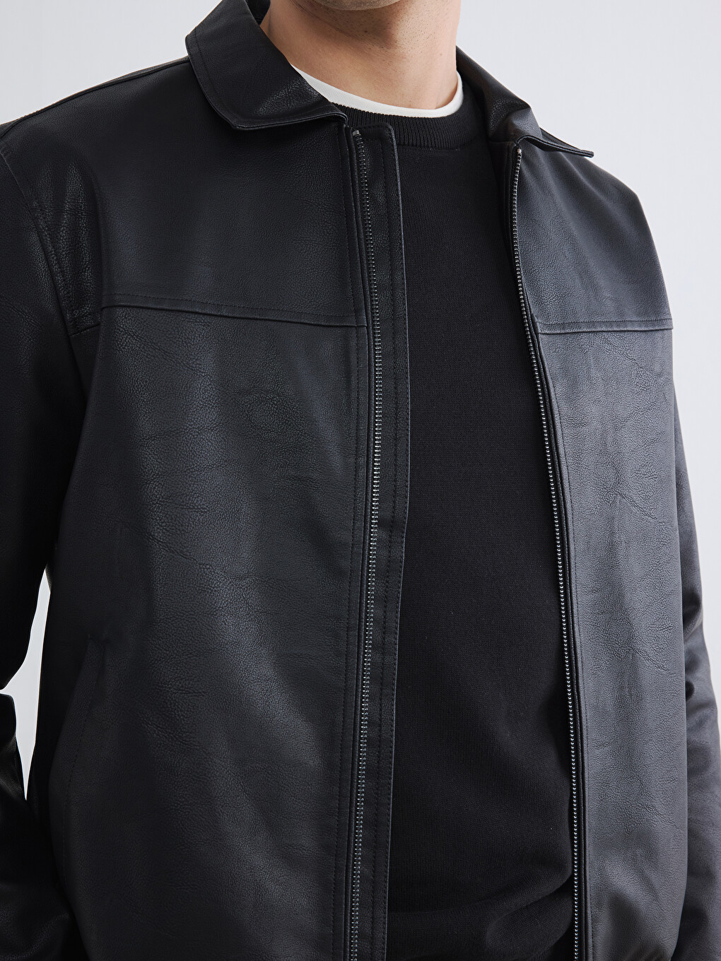 Standard Fit Shirt Collar Men's Faux Leather Coat-2