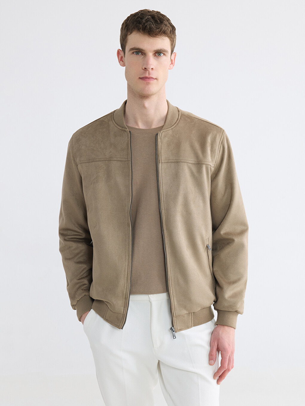 Man Beige Faux Leather Coat