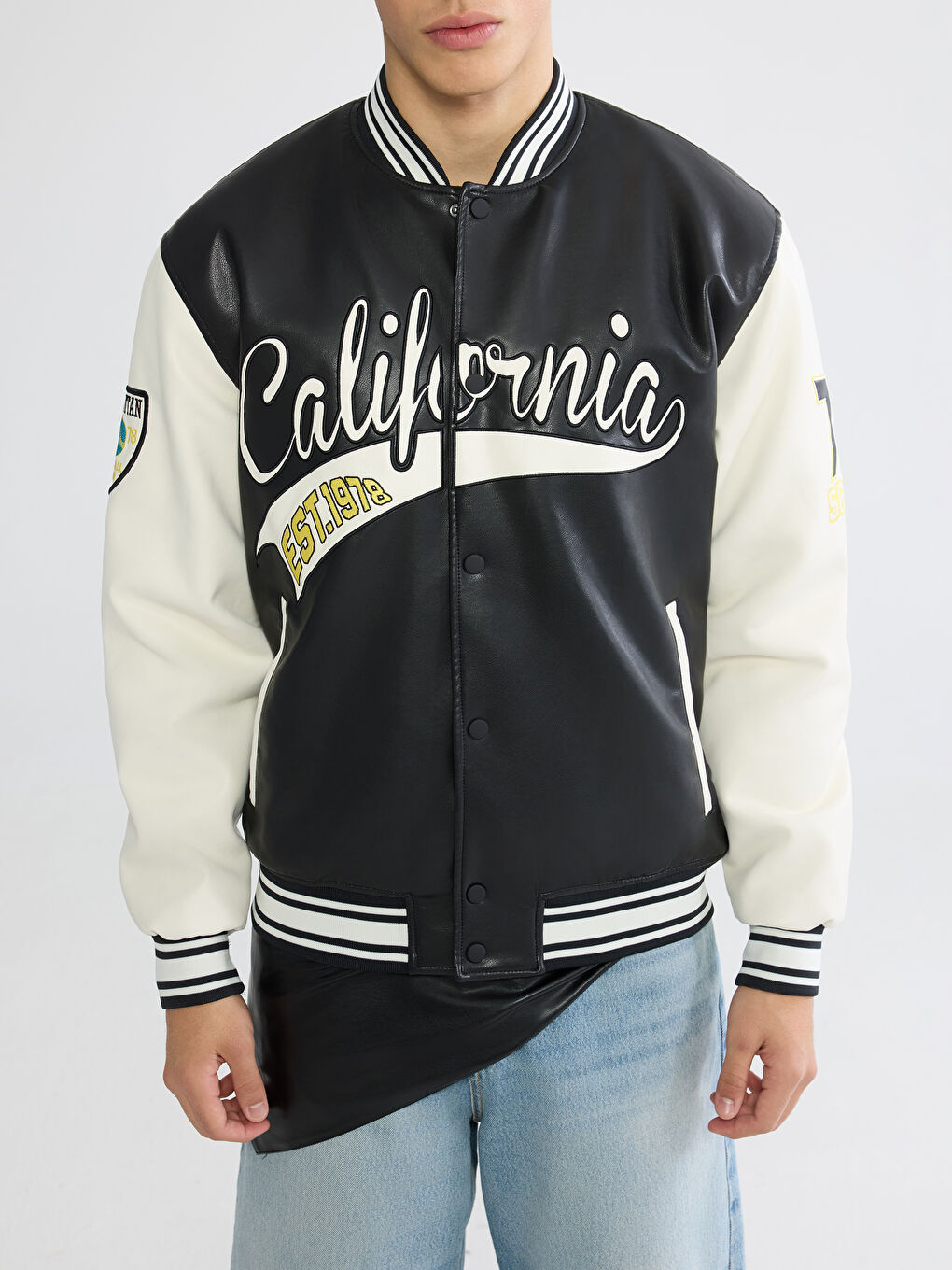 California Nakışlı Erkek Deri Görünümlü Mont-2