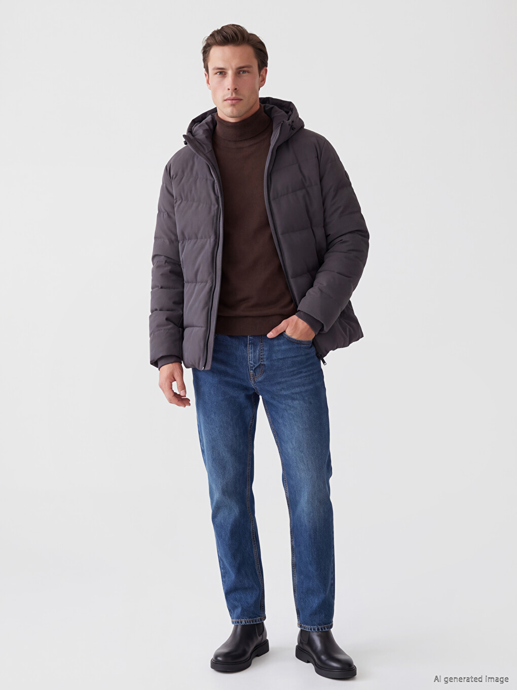 Gri Regular Fit Kapüşonlu Erkek Şişme Mont-1