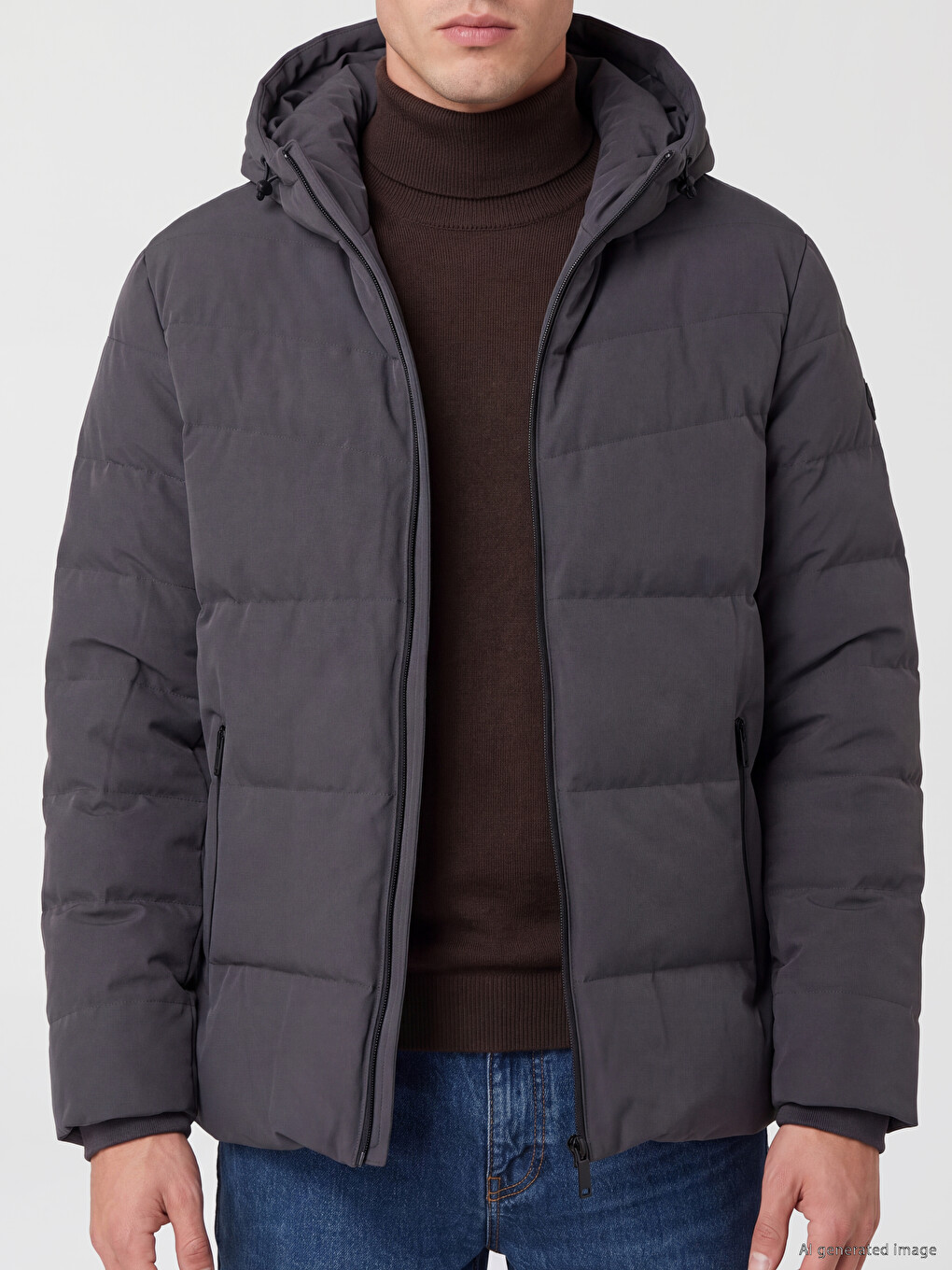 Gri Regular Fit Kapüşonlu Erkek Şişme Mont-2