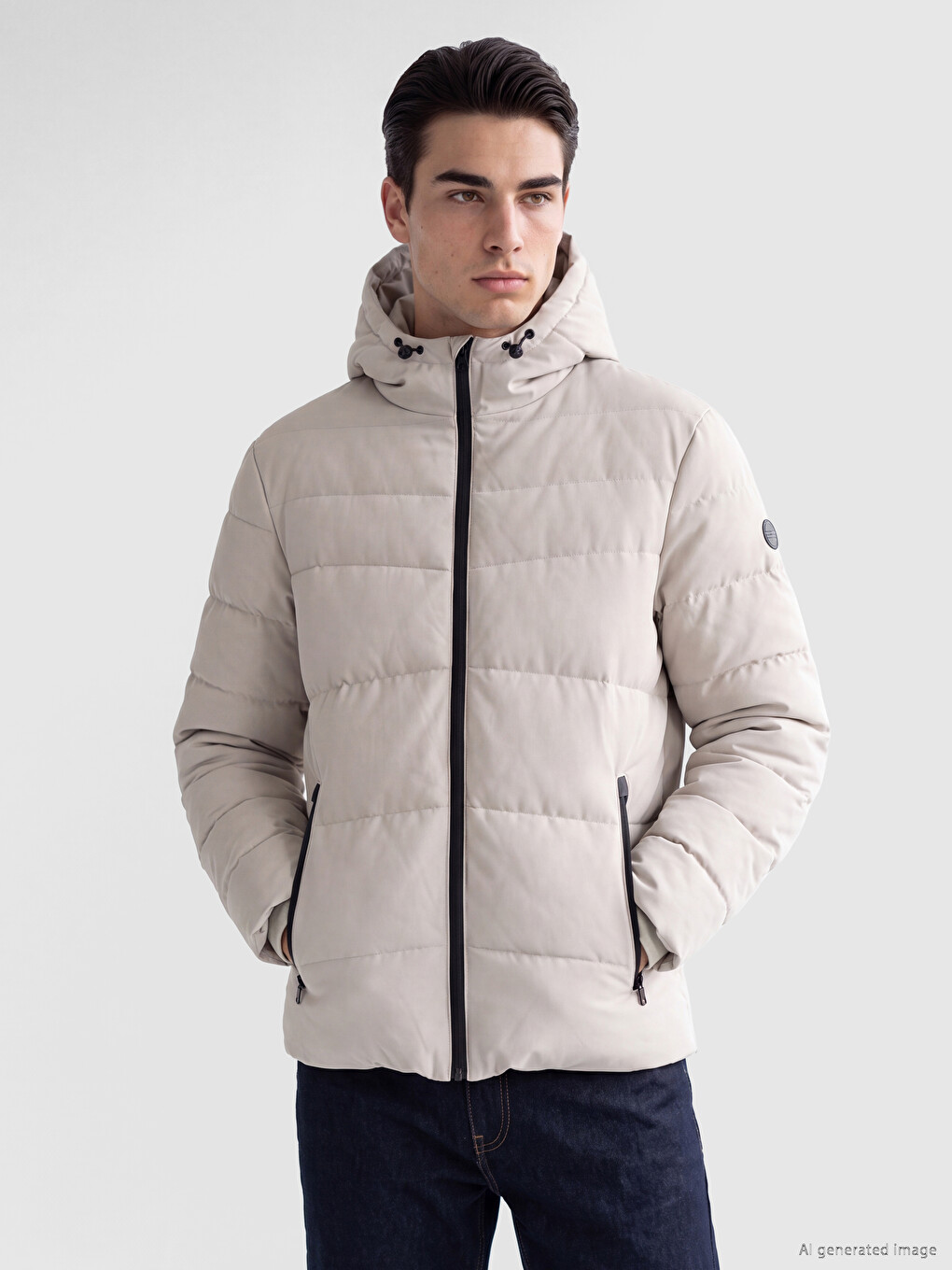 Bej Regular Fit Kapüşonlu Erkek Şişme Mont