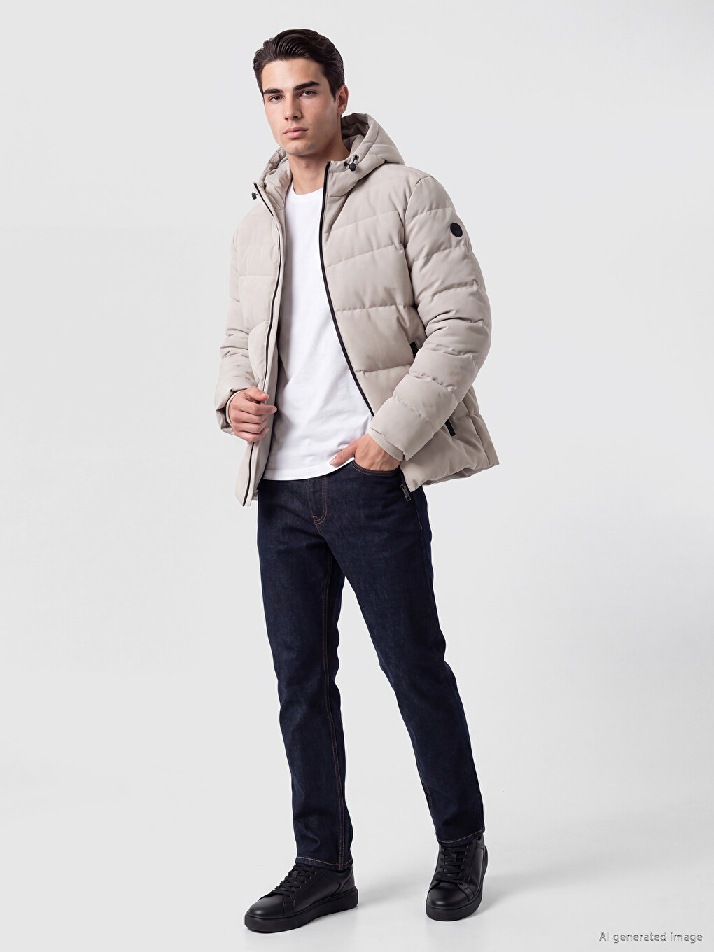 Bej Regular Fit Kapüşonlu Erkek Şişme Mont-1