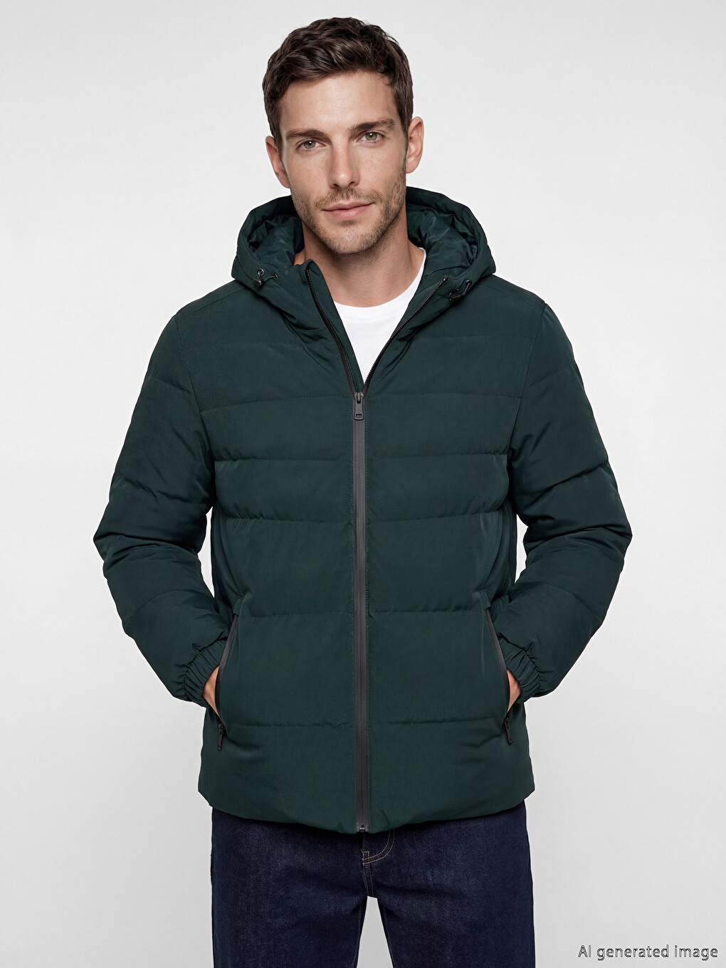 Yeşil Regular Fit Kapüşonlu Erkek Şişme Mont