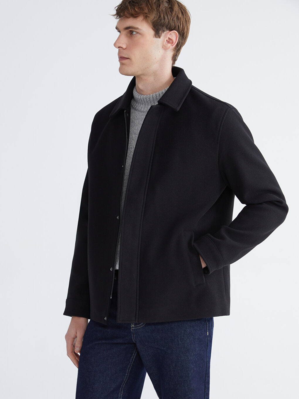 Siyah Standart Kalıp Gömlek Yaka Erkek Kaşe Mont