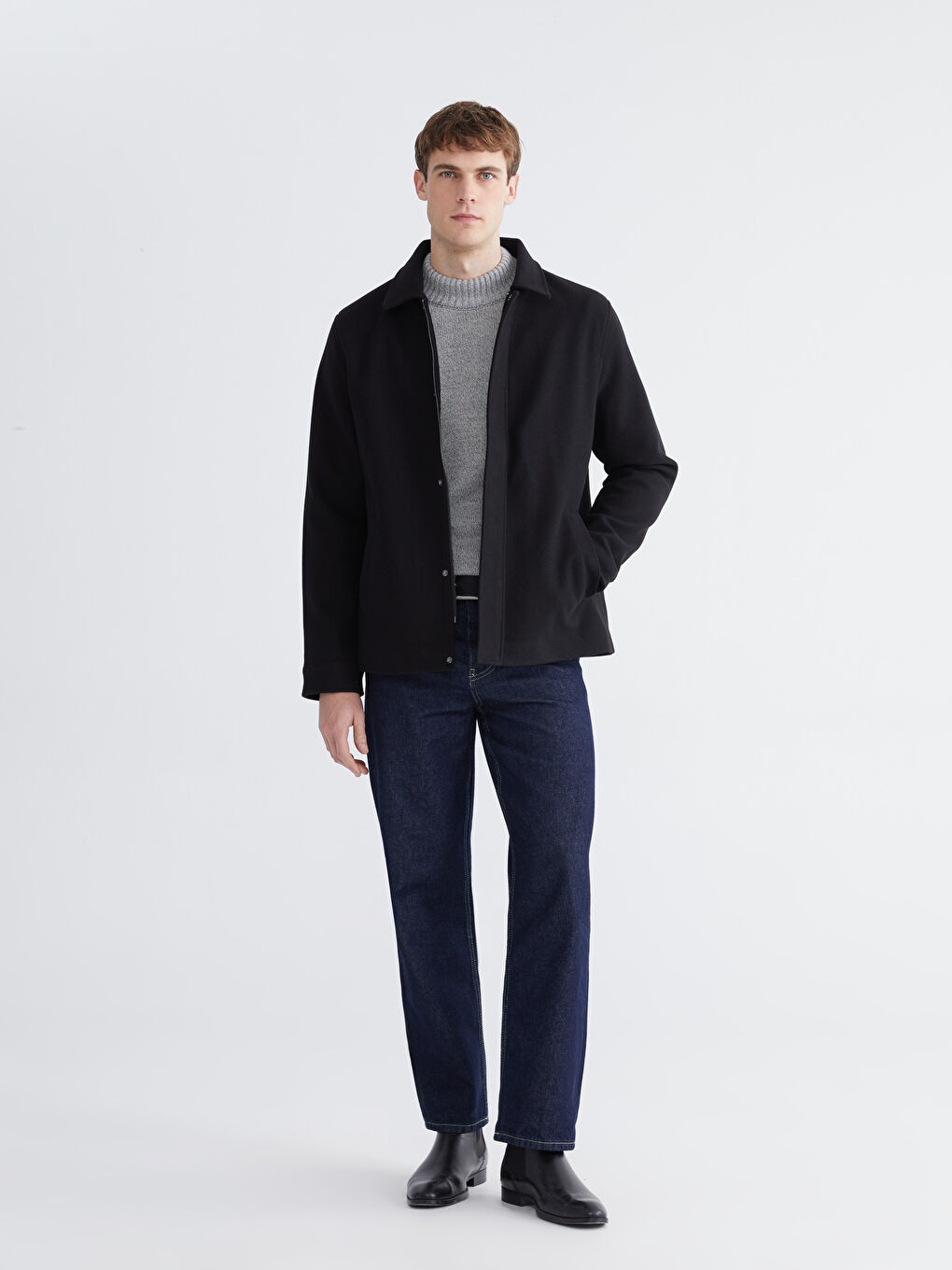 Siyah Standart Kalıp Gömlek Yaka Erkek Kaşe Mont-1