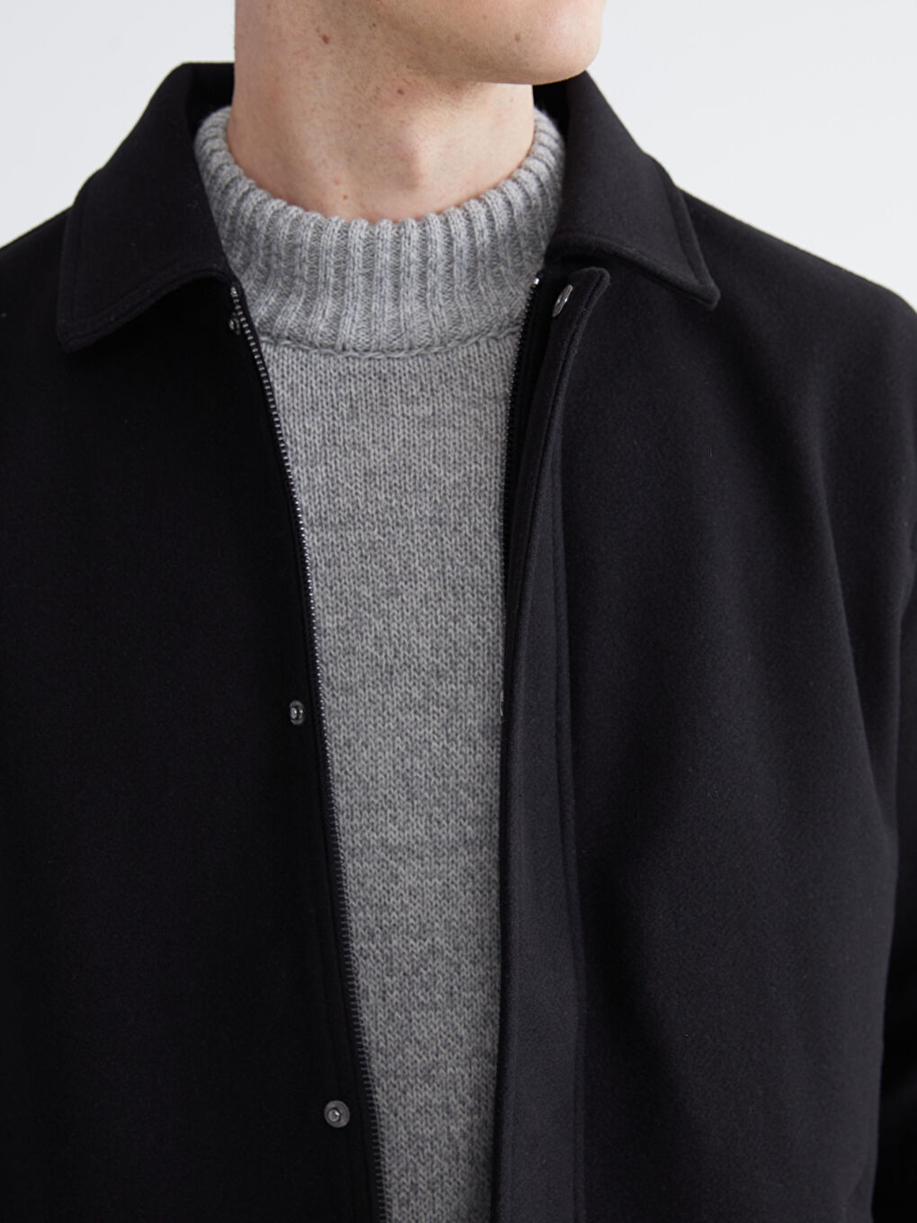 Siyah Standart Kalıp Gömlek Yaka Erkek Kaşe Mont-2