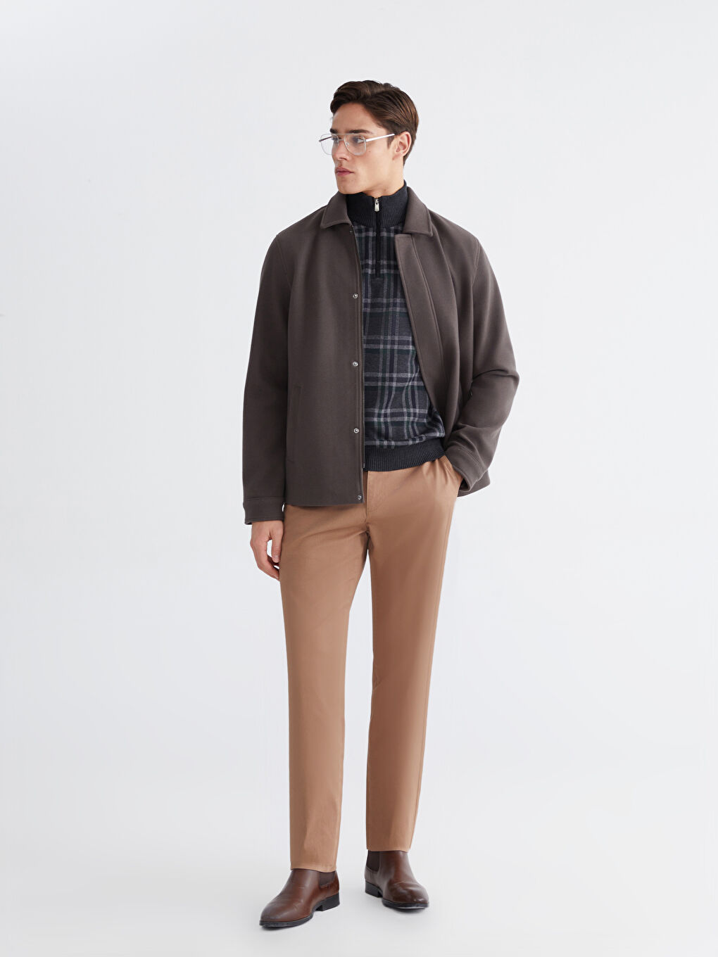 Haki Standart Kalıp Gömlek Yaka Erkek Kaşe Mont-1