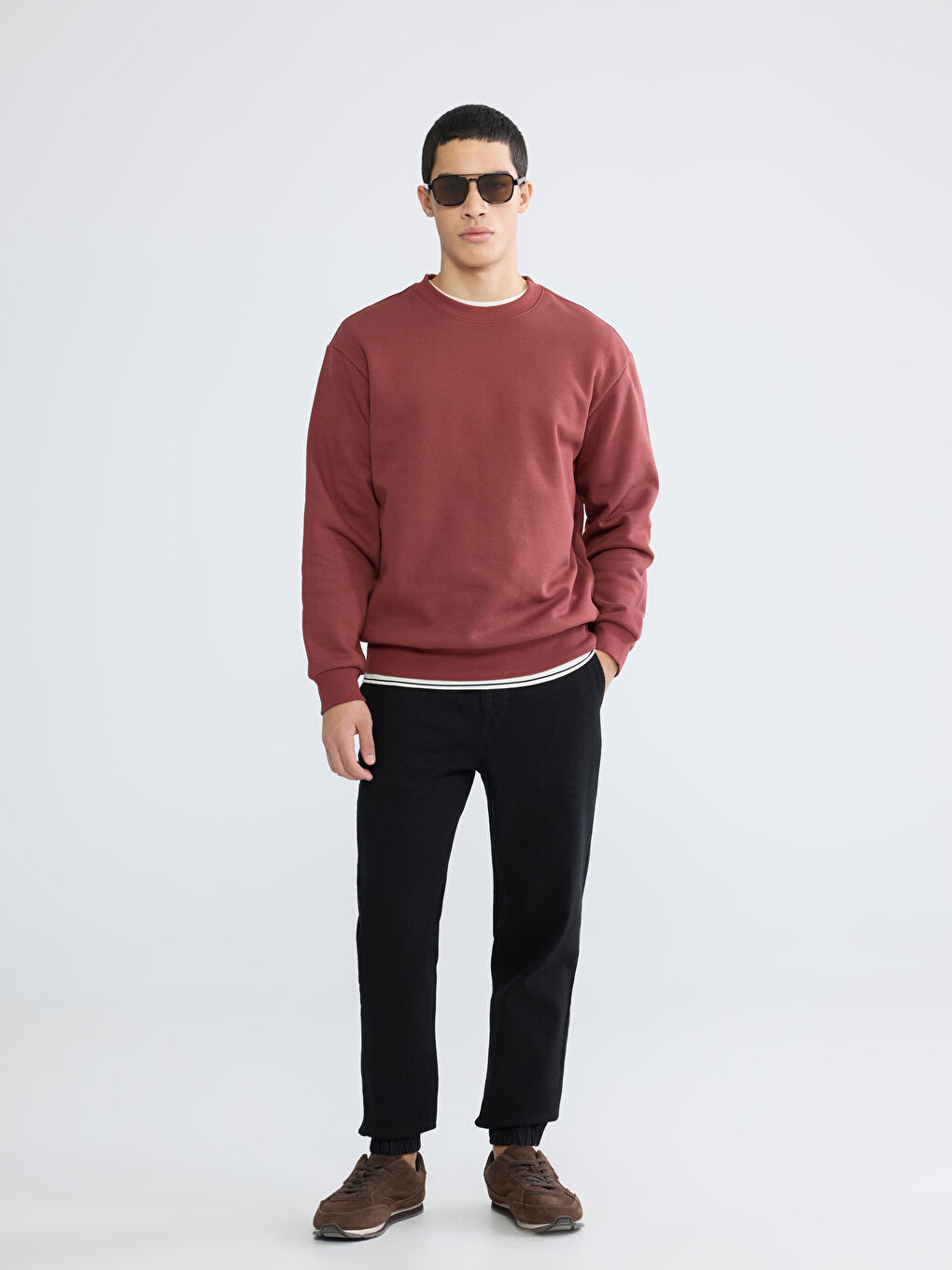 Kahverengi Bisiklet Yaka Erkek Kalın Sweatshirt-1