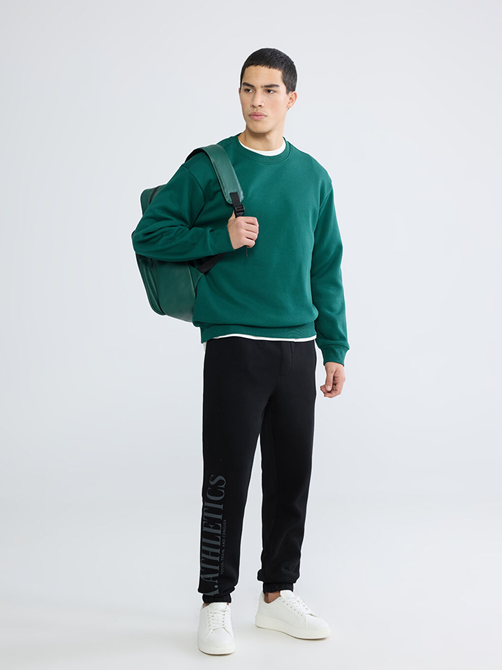 Yeşil Bisiklet Yaka Erkek Kalın Sweatshirt-1