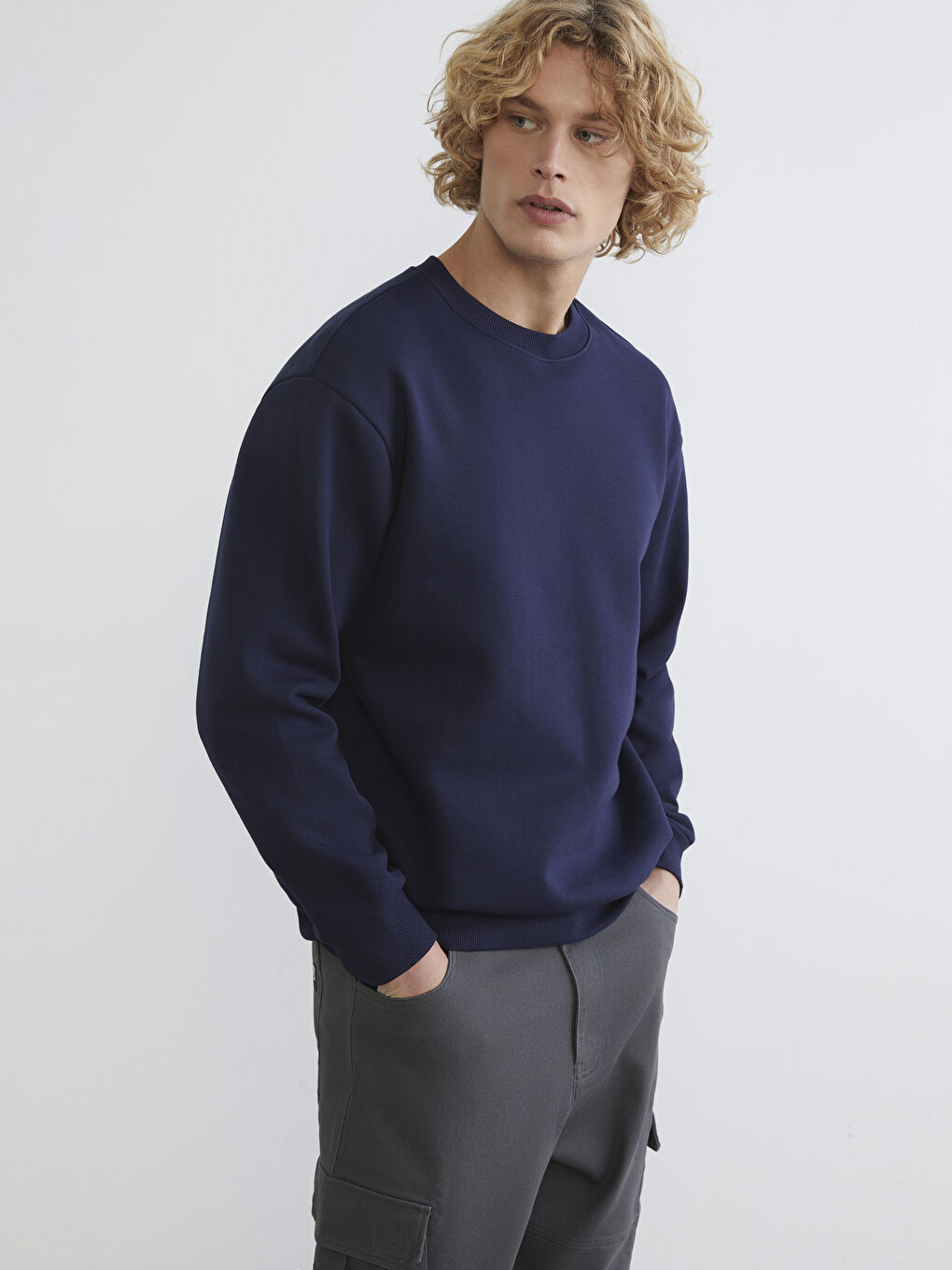 Lacivert Bisiklet Yaka Erkek Kalın Sweatshirt