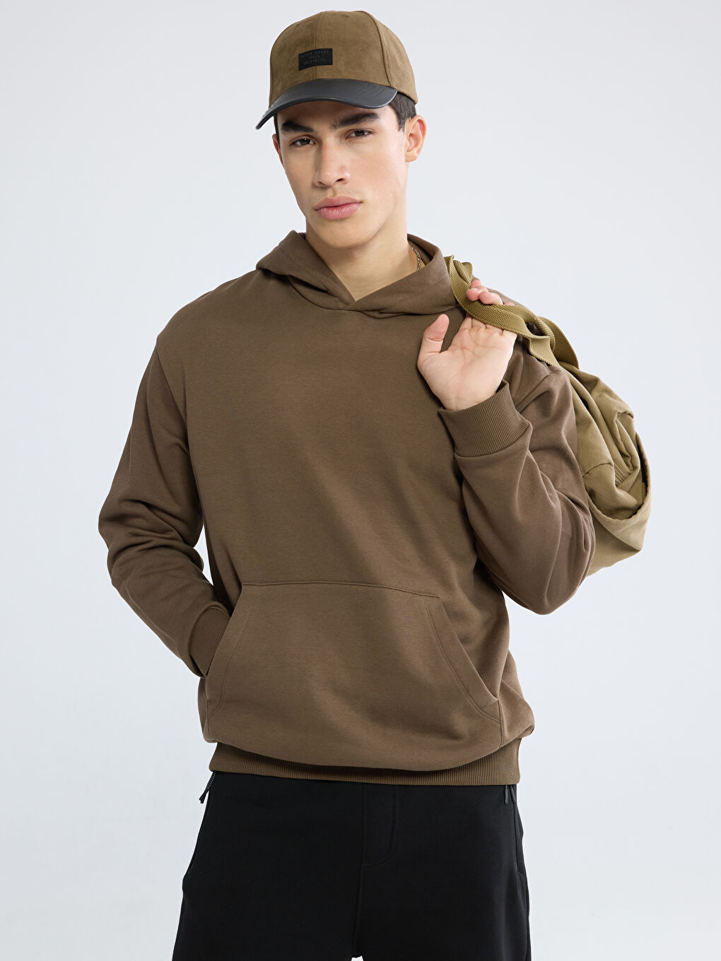 Kahverengi Kanguru Cepli Erkek Kalın Hoodie-1