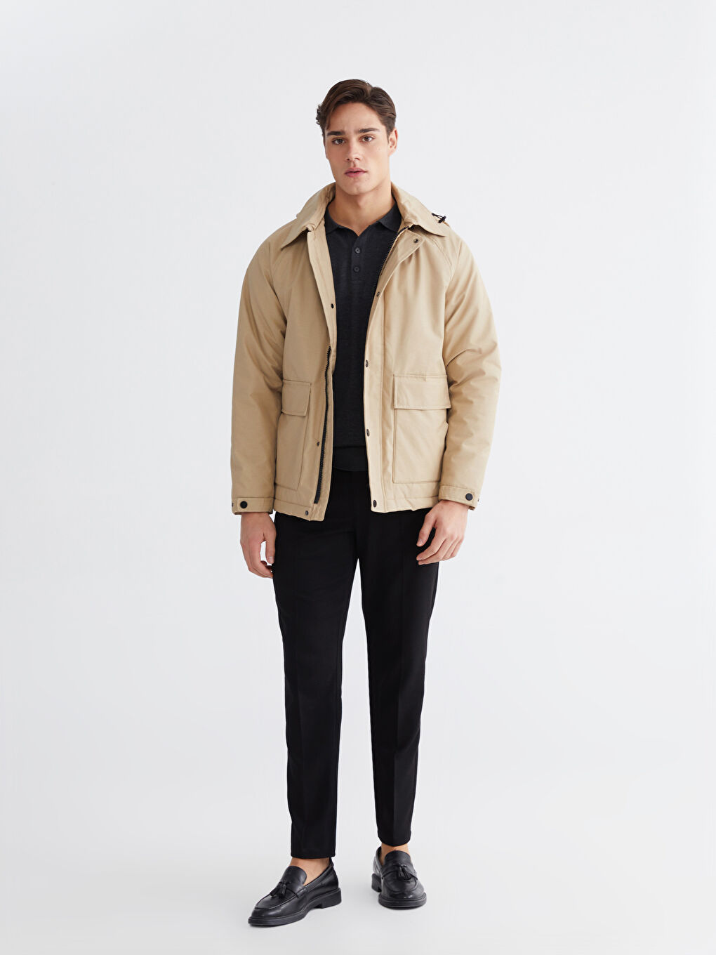 Bej Standart Kalıp Kapüşonlu Erkek Mont-1