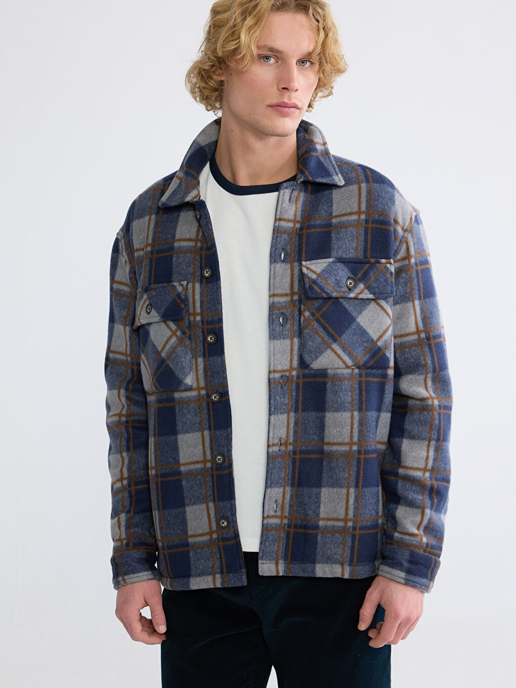 Lacivert Rahat Kalıp Ekose Erkek Gömlek Ceket