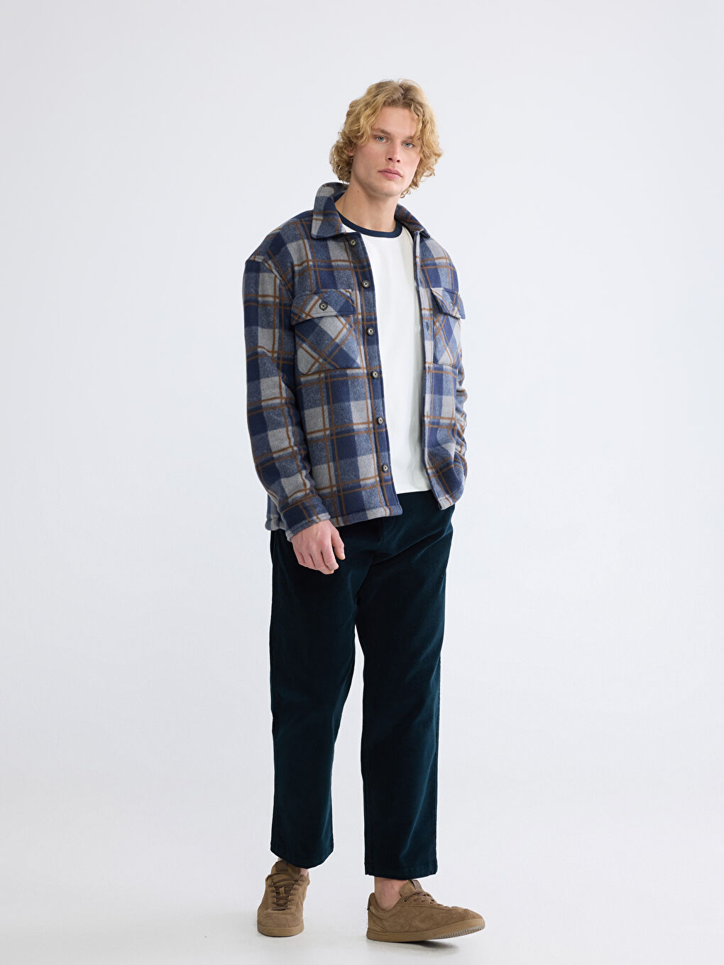 Lacivert Rahat Kalıp Ekose Erkek Gömlek Ceket-1