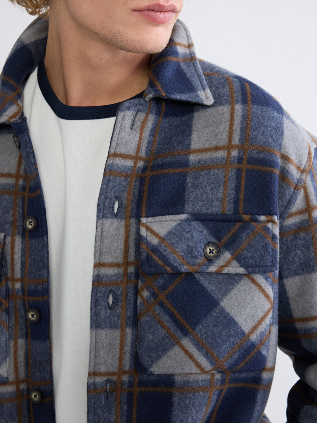 Lacivert Rahat Kalıp Ekose Erkek Gömlek Ceket-2