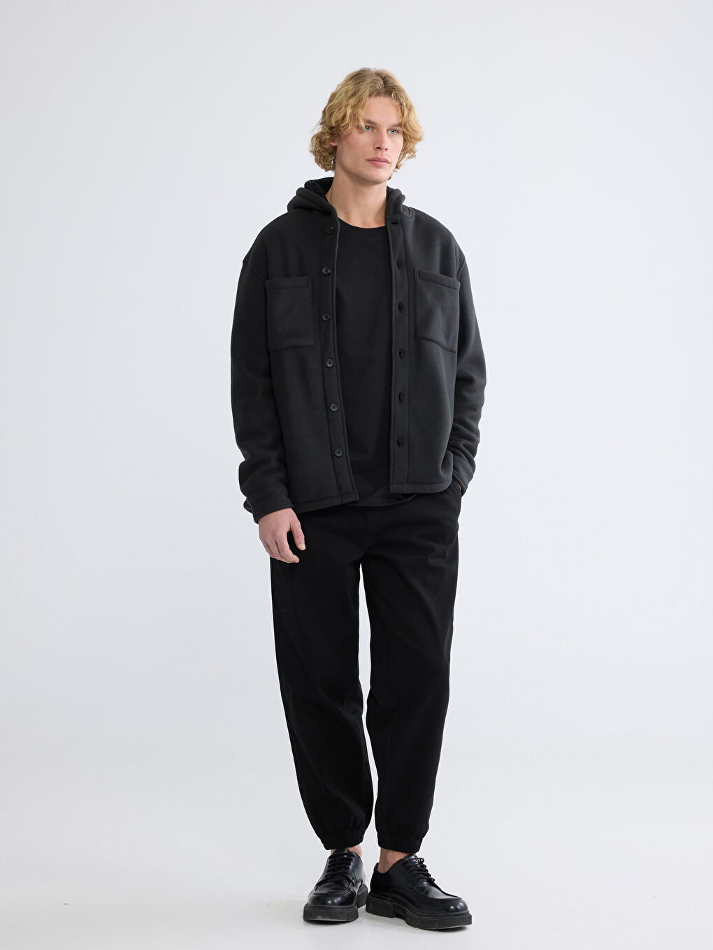 Siyah Loose Fit Kapüşonlu Erkek Gömlek Ceket-1