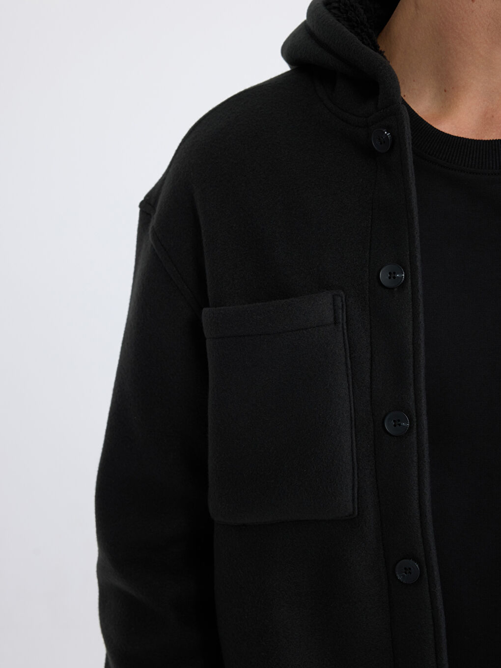 Siyah Loose Fit Kapüşonlu Erkek Gömlek Ceket-3