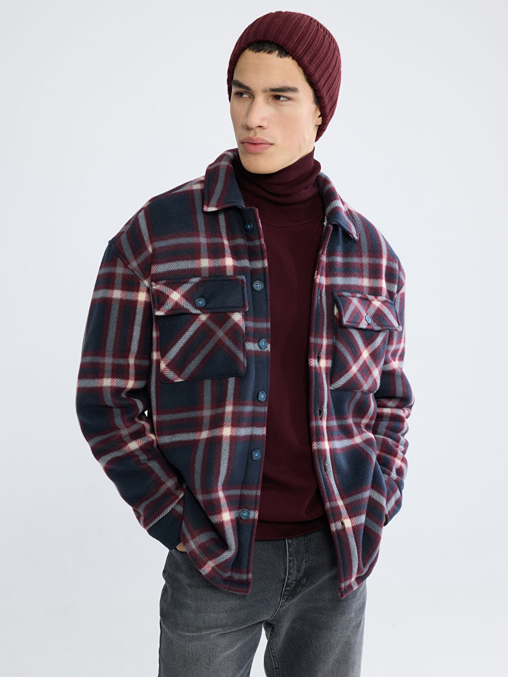 Lacivert Loose Fit Ekose Erkek Gömlek Ceket