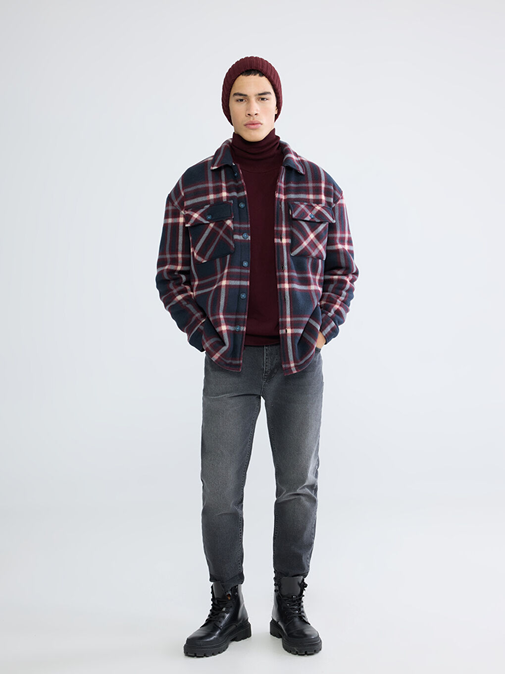 Lacivert Loose Fit Ekose Erkek Gömlek Ceket-1