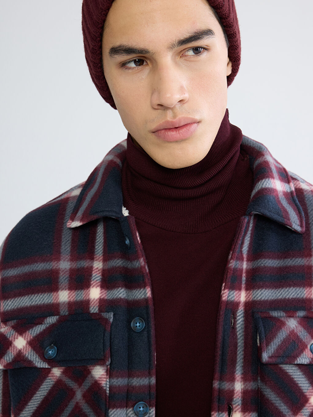 Lacivert Loose Fit Ekose Erkek Gömlek Ceket-2