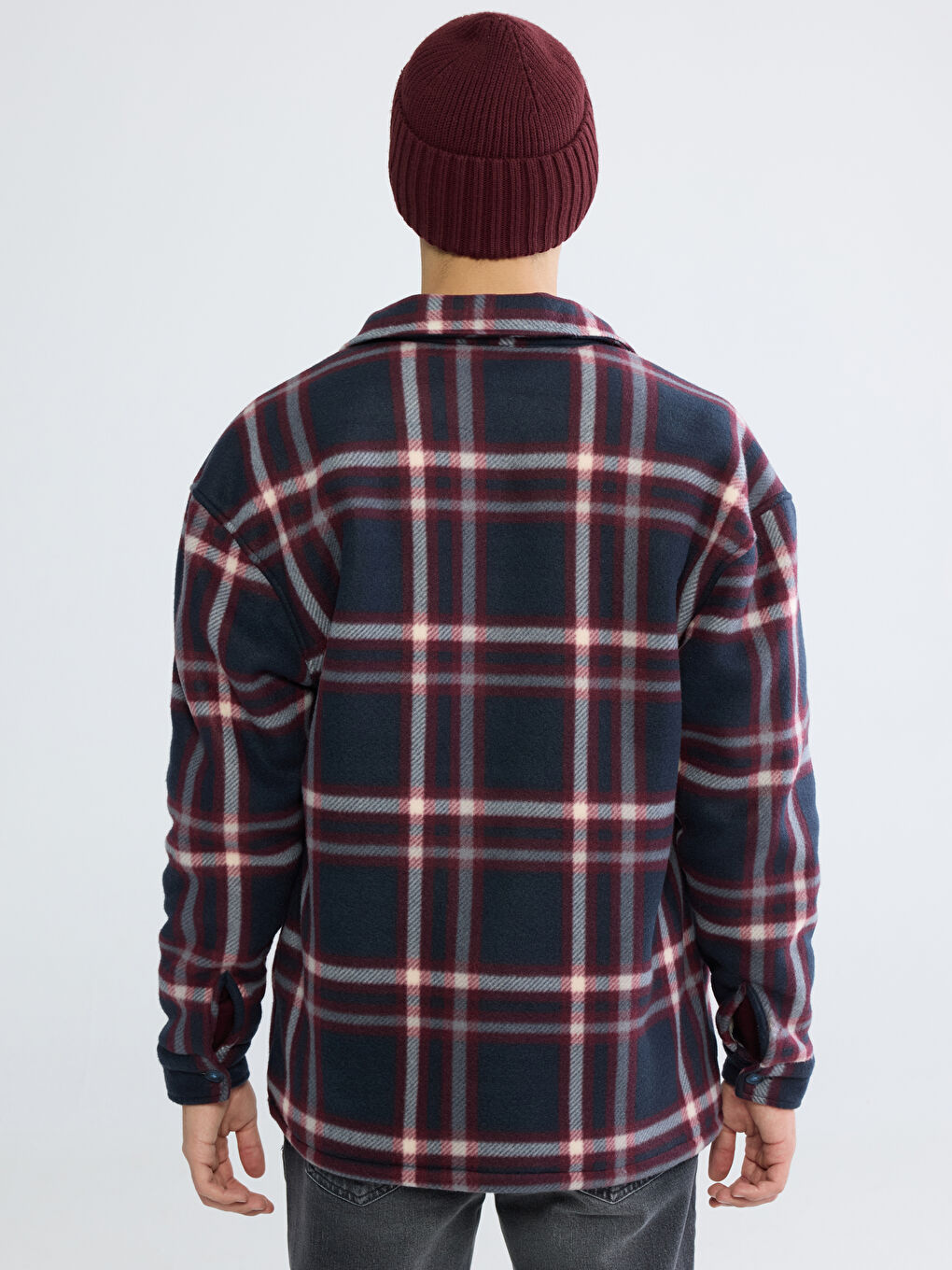 Lacivert Loose Fit Ekose Erkek Gömlek Ceket-4