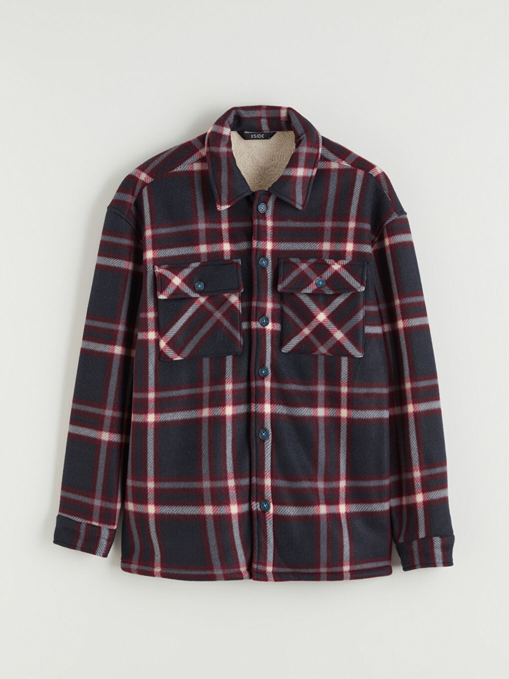 Lacivert Loose Fit Ekose Erkek Gömlek Ceket-5