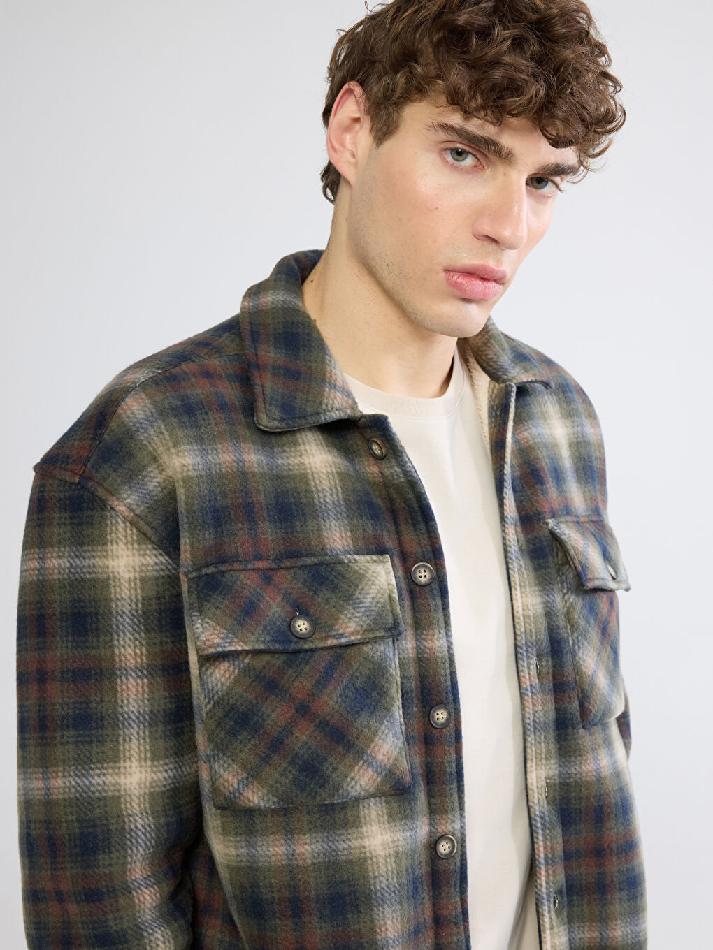 Haki Rahat Kalıp Ekose Erkek Gömlek Ceket