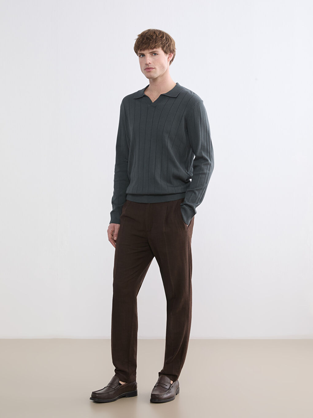 Striped Polo-Neck Knit Sweater-1