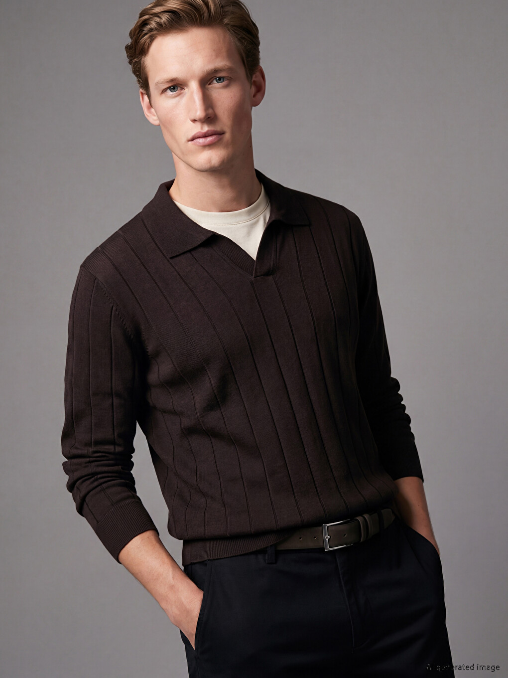 Pull En Maille À Col Polo Côtelé Pour Homme