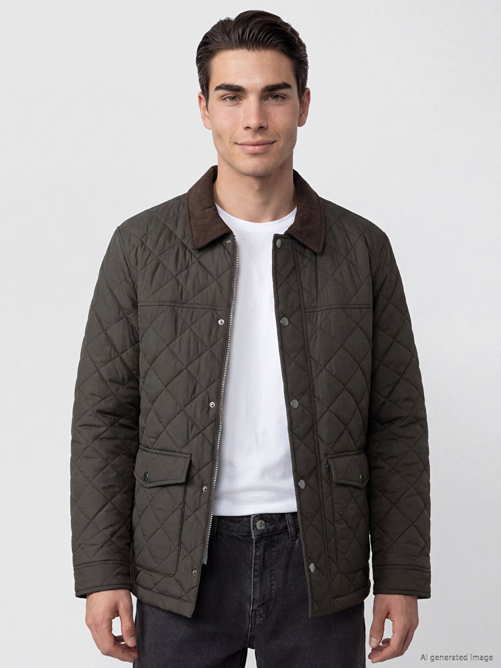 Haki Regular Fit Kadife Yaka Erkek Şişme Mont