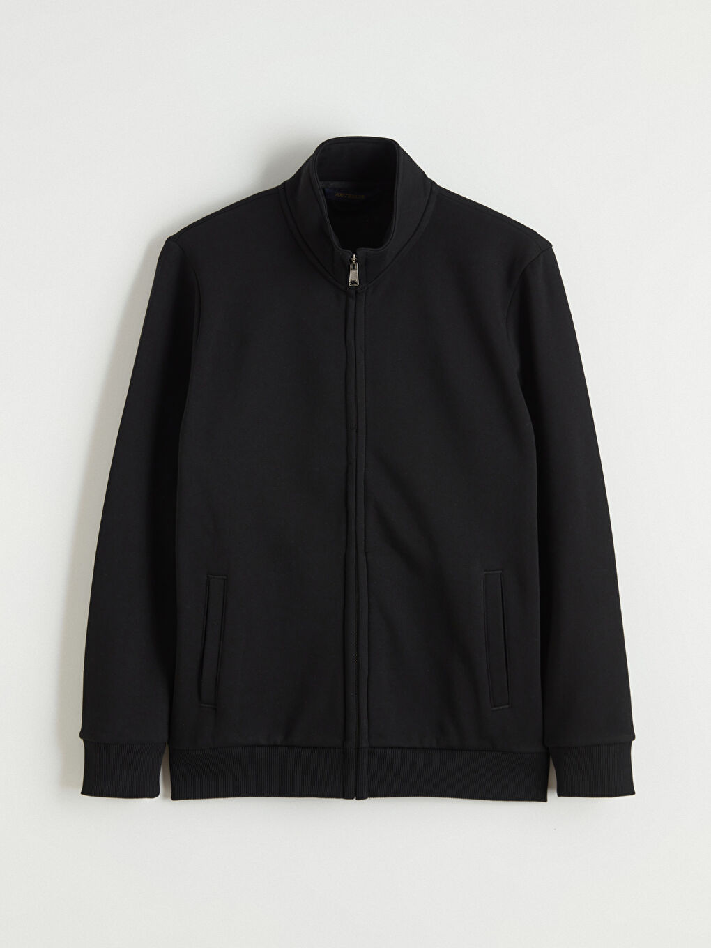 Siyah Standart Fit Dik Yaka Erkek Fermuarlı Sweatshirt-4