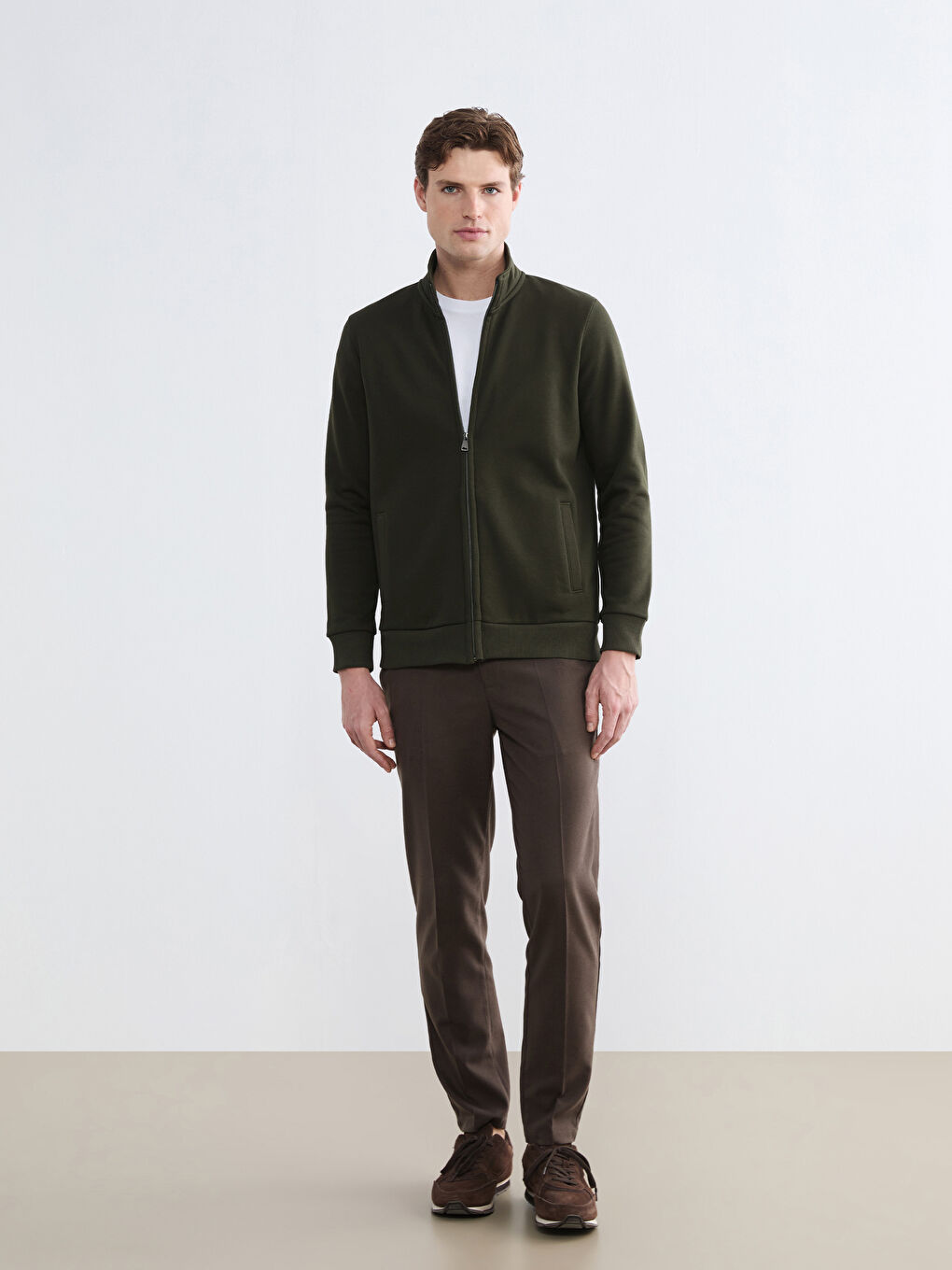 Haki Standart Fit Dik Yaka Erkek Fermuarlı Sweatshirt-1