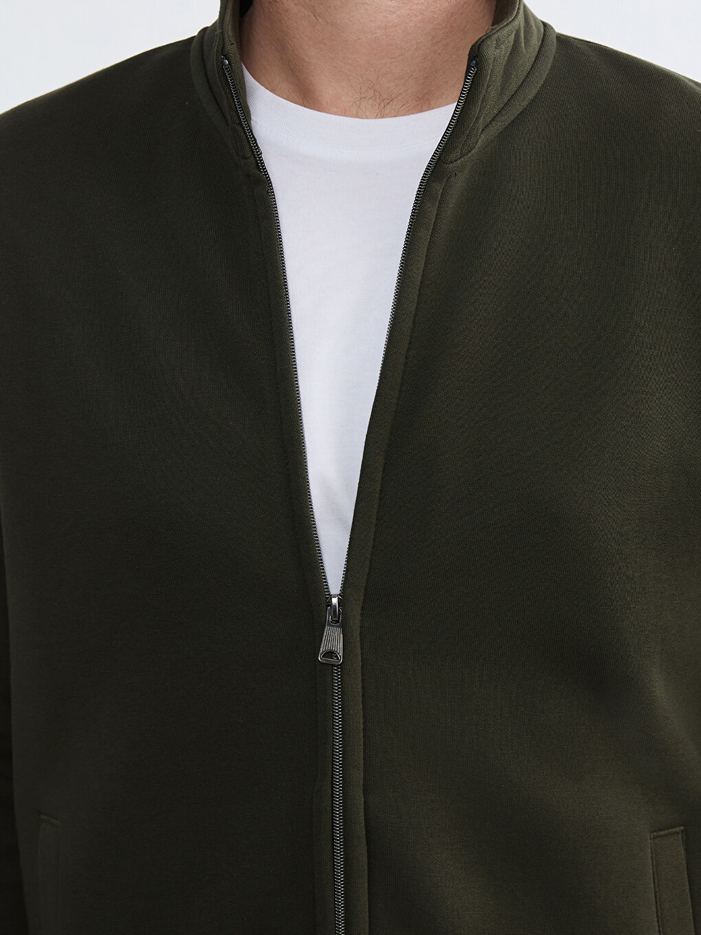 Haki Standart Fit Dik Yaka Erkek Fermuarlı Sweatshirt-2