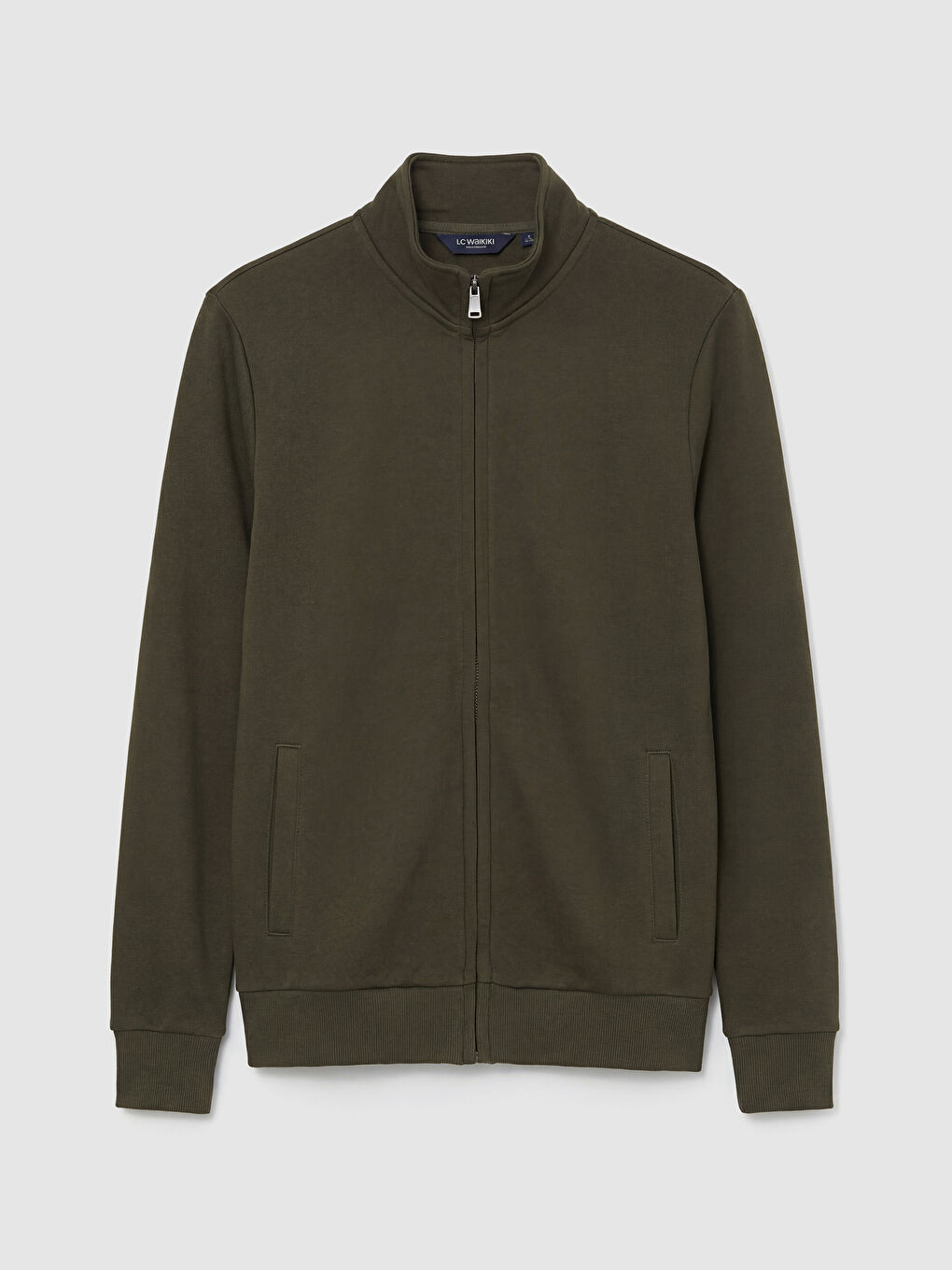 Haki Standart Fit Dik Yaka Erkek Fermuarlı Sweatshirt-4