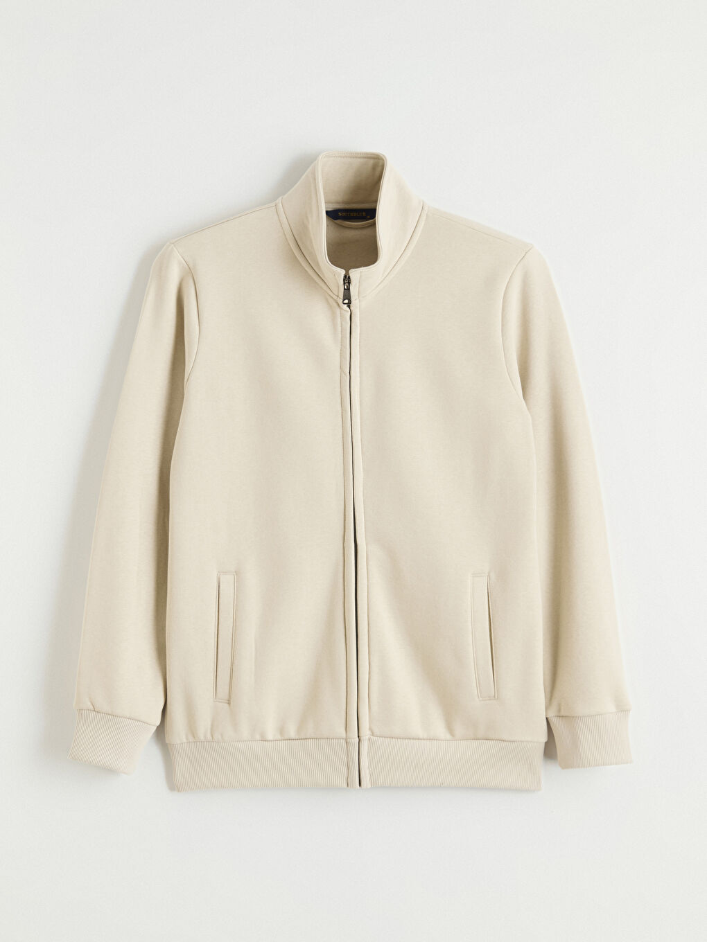 Bej Standart Fit Dik Yaka Erkek Fermuarlı Sweatshirt