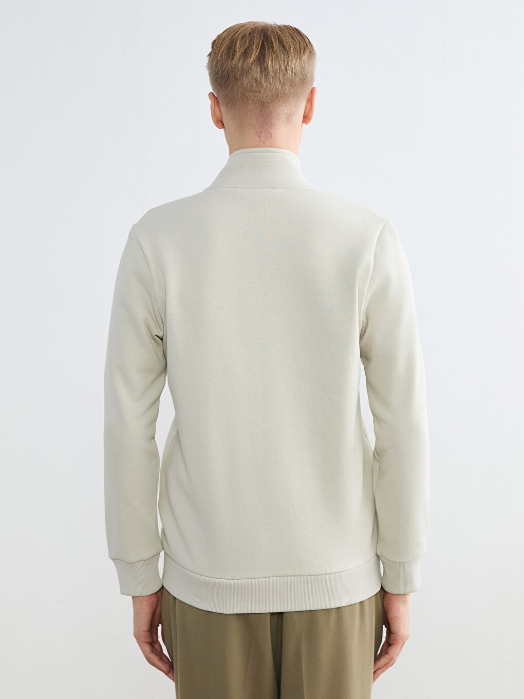 Bej Standart Fit Dik Yaka Erkek Fermuarlı Sweatshirt-3