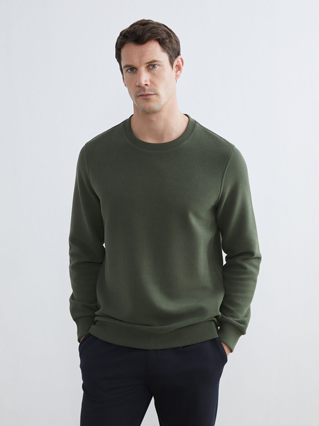 Haki Bisiklet Yaka Erkek Sweatshirt