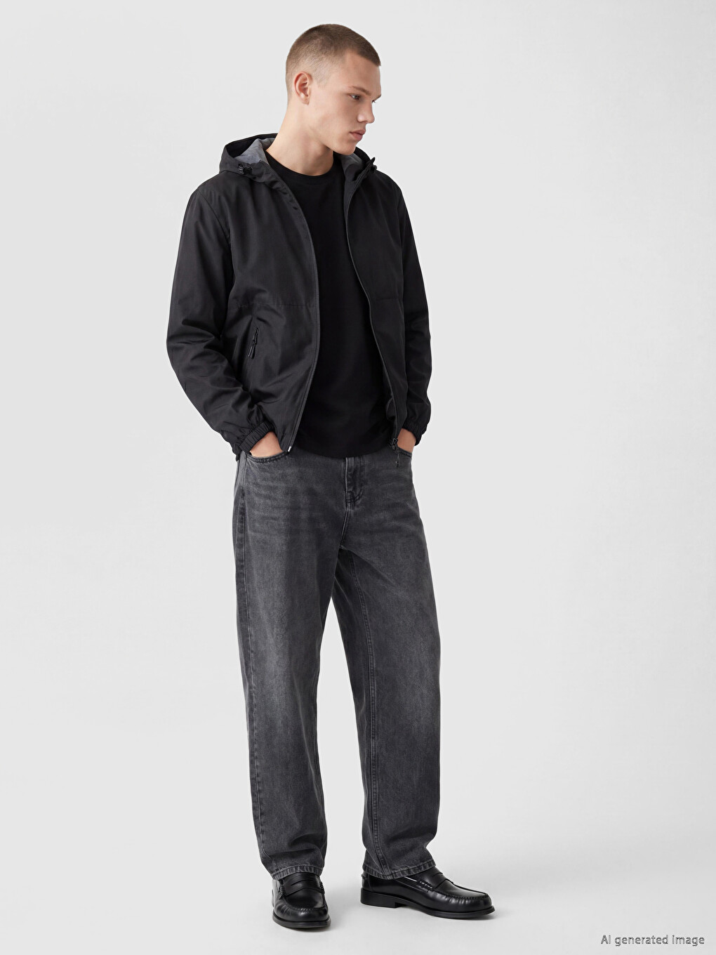 Siyah Regular Fit Kapüşonlu Erkek Yağmurluk-1