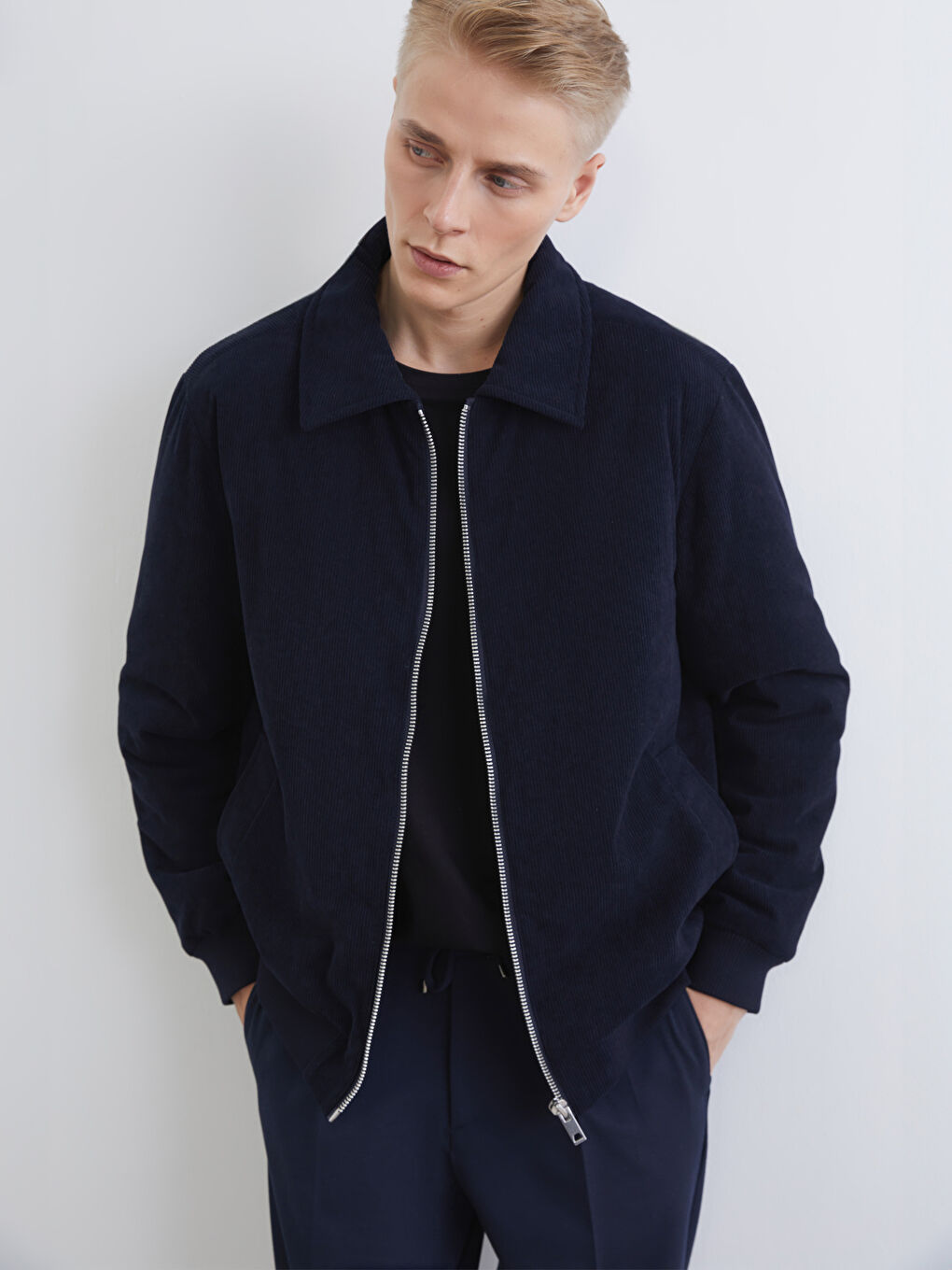 Lacivert Standart Kalıp Kadife Erkek Mont