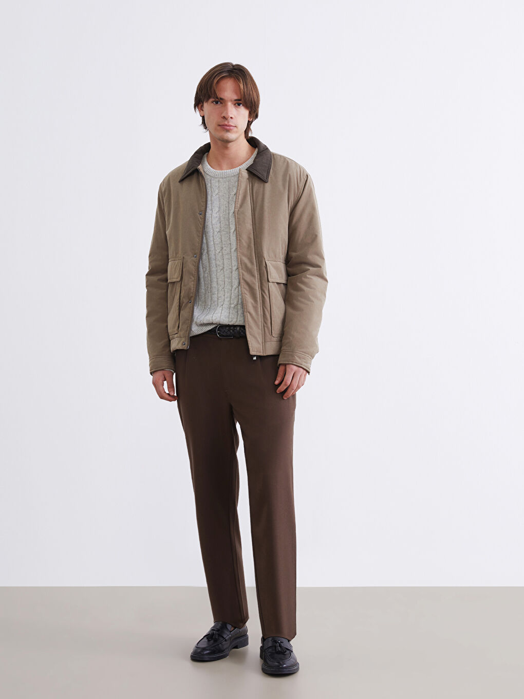 Kahverengi Standart Kalıp Kadife Yaka Erkek Mont-1