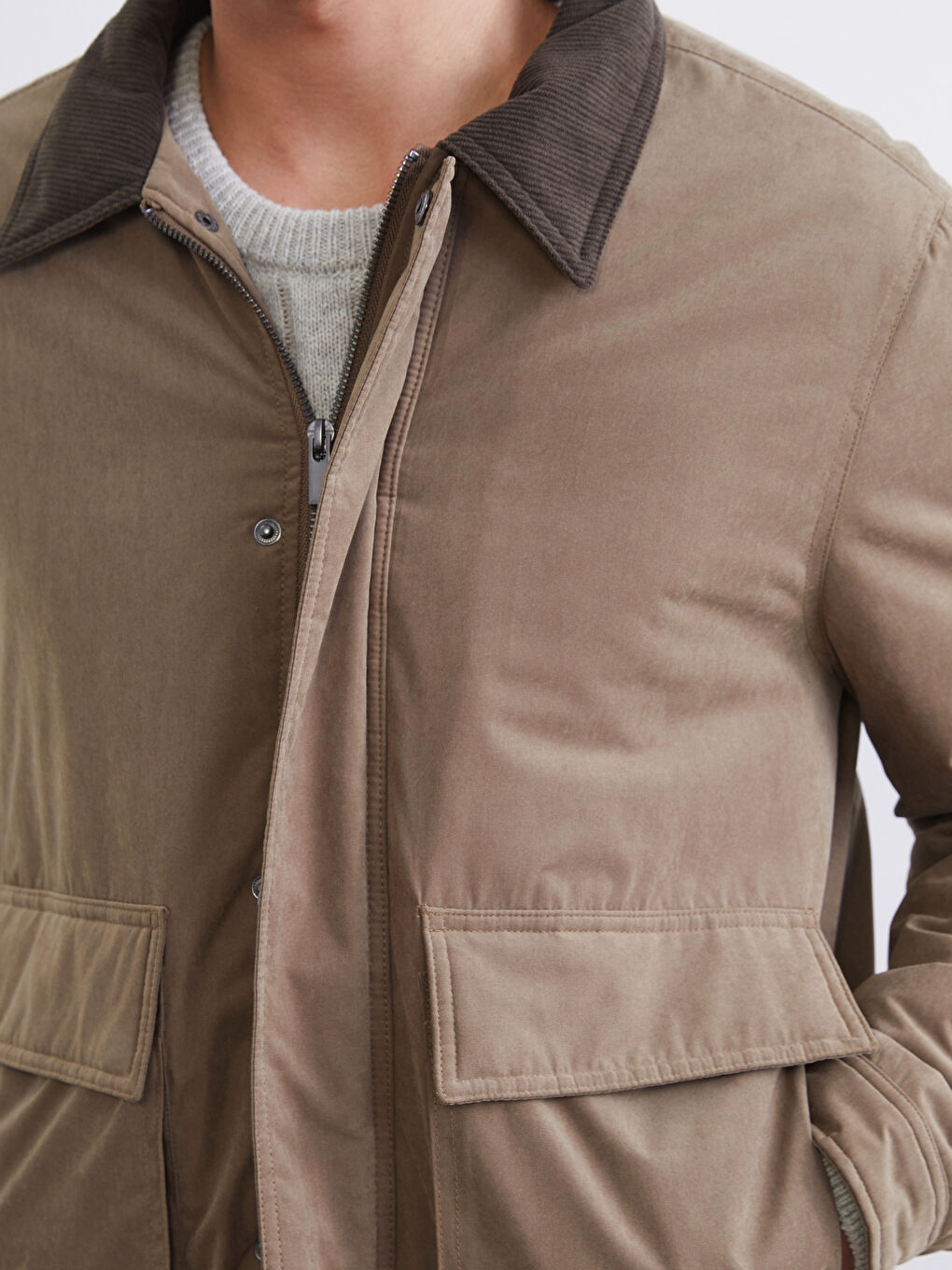 Kahverengi Standart Kalıp Kadife Yaka Erkek Mont-2